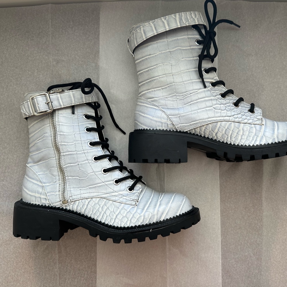 Grey snakeskin combat boots
